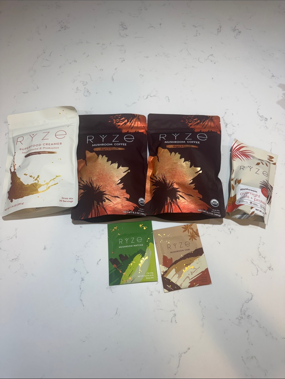 RYZE Mushroom Coffee & Creamer Bundle in Brown, Gold, Cream NEW